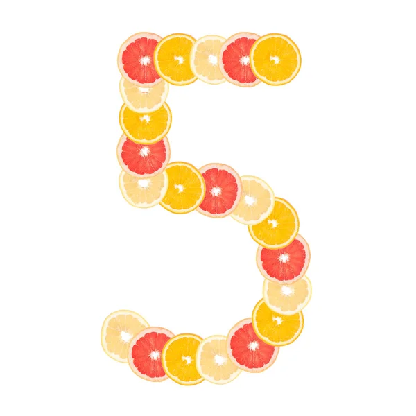 Numret Tillverkat Skivade Citrusfrukter Apelsiner Grapefrukt Isolerad Vit Bakgrund — Stockfoto