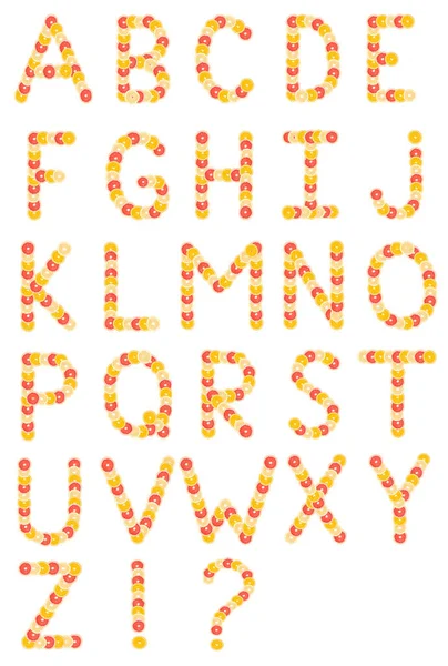 Αλφάβητο Από Κομμένα Εσπεριδοειδή Πορτοκάλια Γκρέιπφρουτ Απομονωμένα Λευκό Φόντο — Φωτογραφία Αρχείου