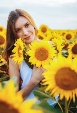 Gün batımında çiçek açan ayçiçekleri olan bir tarlada uzun saçlı güzel, narin bir kız.