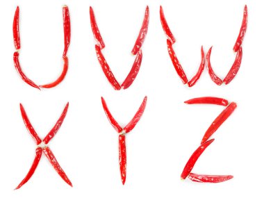 Kırmızı kırmızı acı biberden yapılmış alfabe. U, V, W, X, Y, Z harfleri beyaz arkaplanda izole edildi