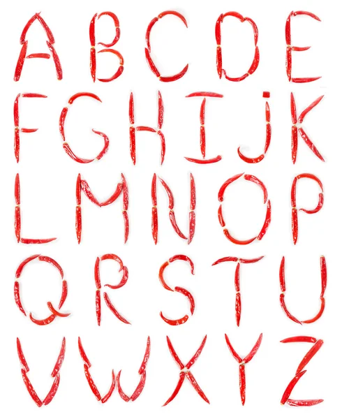 Αλφάβητο Από Καυτερές Πιπεριές Τσίλι Απομονωμένα Λευκό Φόντο — Φωτογραφία Αρχείου