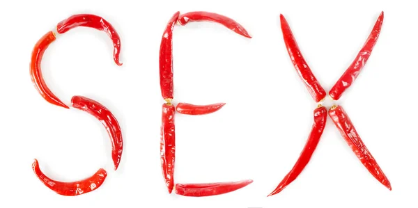 Palavra Sex Feita Pimenta Vermelha Isolado Sobre Fundo Branco — Fotografia de Stock
