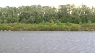 Bulutlu hava, bulutlar, güçlü rüzgar, büyük bir nehrin üzerine yağmur. Ağaçlarla kıyı