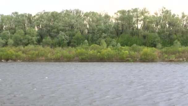 Météo nuageuse, nuages, vent fort, pluie sur une grande rivière. Rivage avec des arbres 