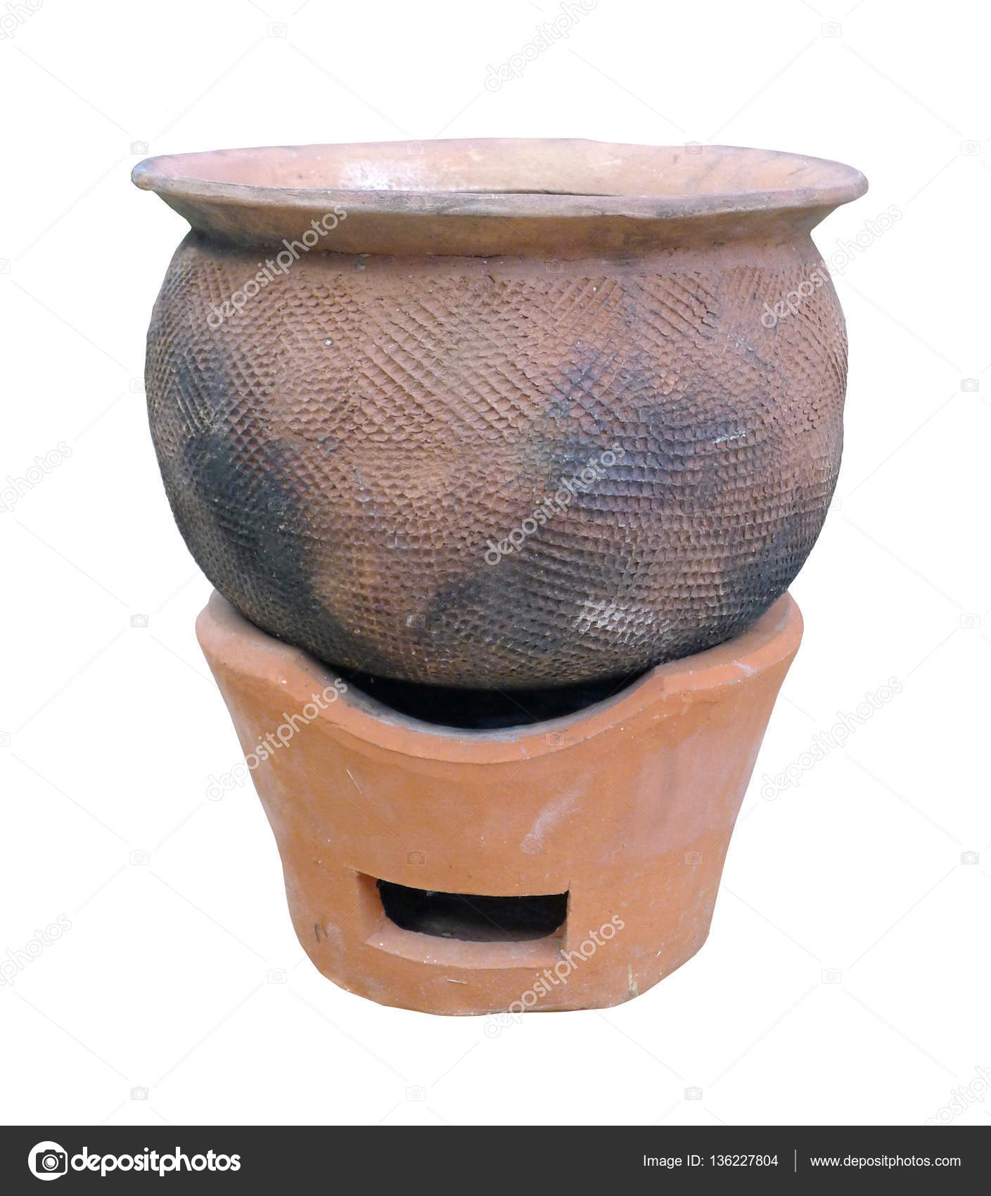 Fireplace And Terracotta Pot Isolated White Stock Photo