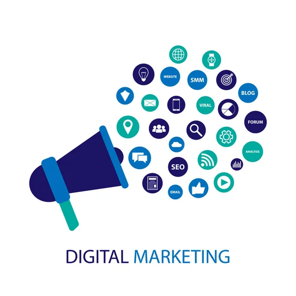 Ilustração de marketing digital com megafone. Projeto plano — Vetor de Stock