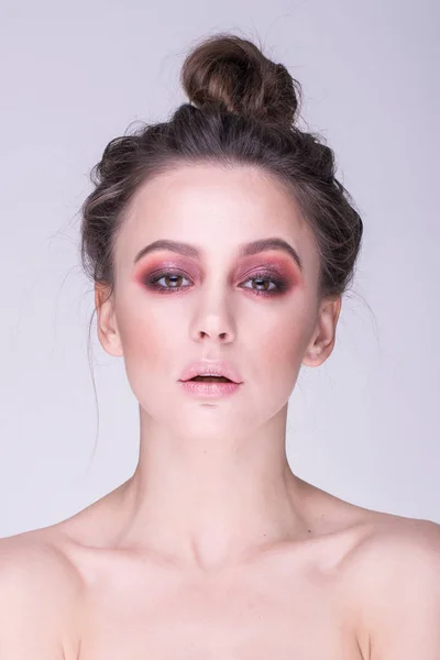 Wonderful portrait of beautiful woman with red make-up. — Stock Photo, Image