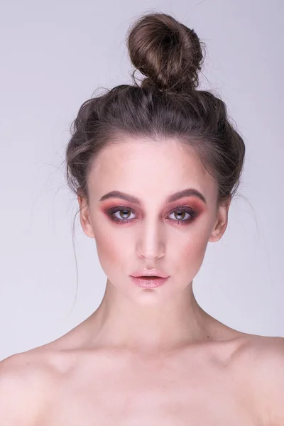 Wonderful portrait of beautiful woman with red make-up. — Stock Photo, Image