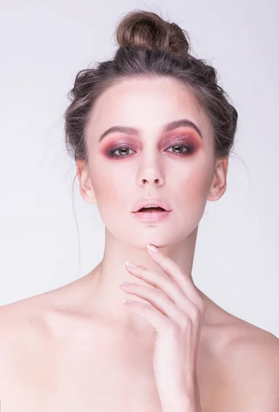 Wonderful portrait of beautiful woman with red make-up. — Stock Photo, Image