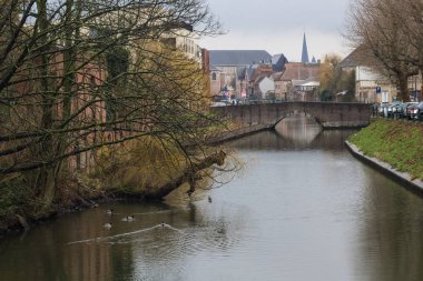 Kanallar ve caddeler şehrin Gent, Belçika'yağmurlu bir gün görünümü