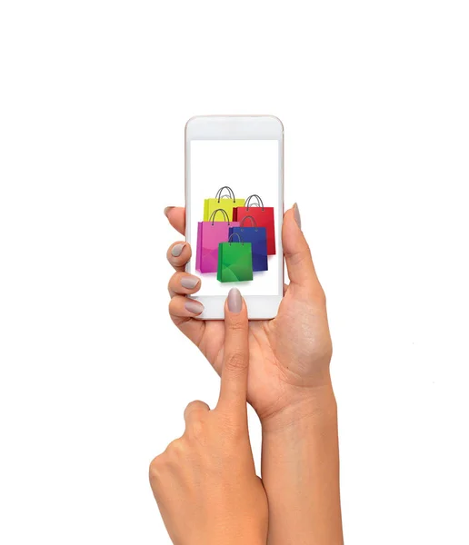 在屏幕上的手与在线购物概念的智能手机 — 图库照片
