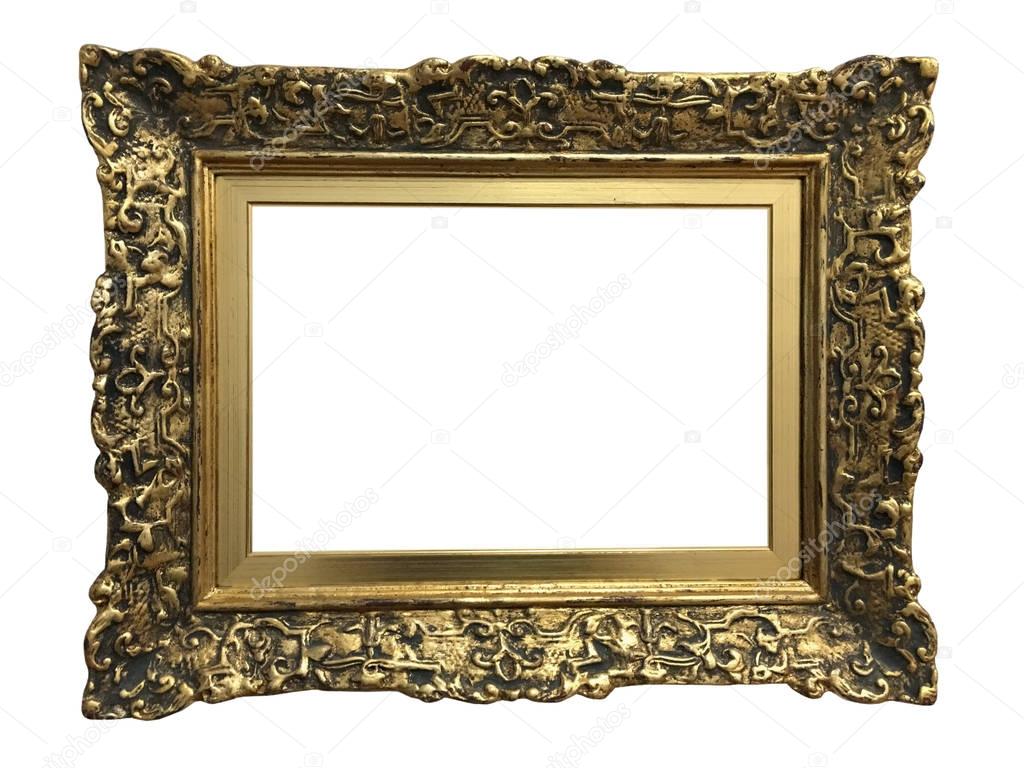 Empty gold ornate picture frame with white background