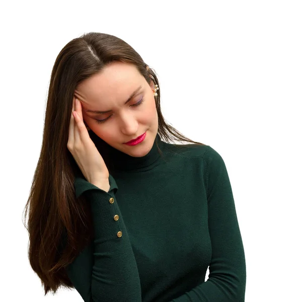 Junges Mädchen mit Kopfschmerzen hält Kopf mit der Hand. der Schmerz in seinen Schläfen. Migräne — Stockfoto