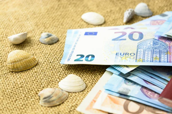 Euro banknot, Pasaportlar ve kabukları keten bir arka plan üzerinde. seyahat kavramı