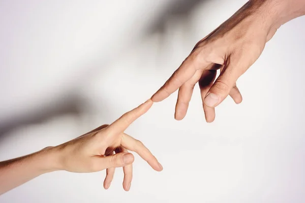 Male and female hands connected with each other together and forever. toned. — Stock Photo, Image