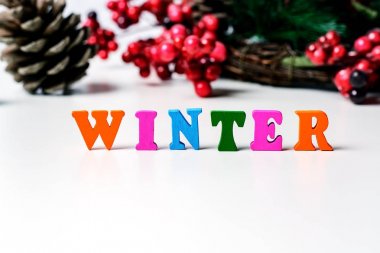 Kış varış kavramı. Yere koniler ve Noel ağacı ve kartopu festival çelenk arka plan üzerinde beyaz bir tablo üzerinde renkli harfler ile kaplı.