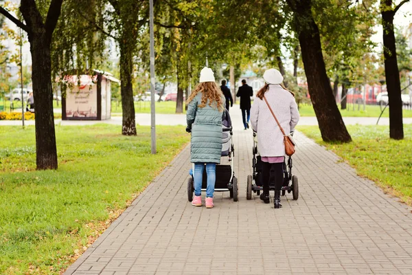 Две молодые мамочки-подружки гуляют с маленькими детьми в колясках для осеннего парка. Женщины на прогулке с детьми, вид сзади . — стоковое фото