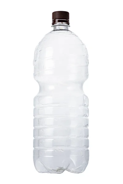 Bottiglia di plastica isolata da 1 litro con tappo marrone su fondo bianco — Foto Stock