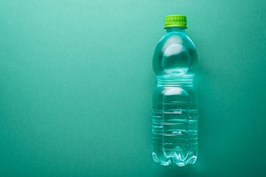 yeşil küçük plastik temiz su şişesi. Nane arkaplanda kopyalama alanı var.