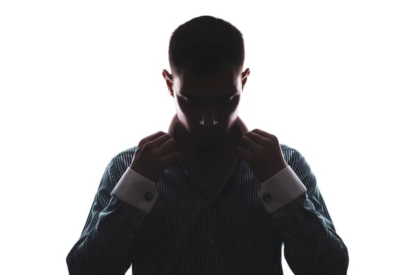 Silhouette of portrait of man in full face looking down isolated on white background — Stock Photo, Image