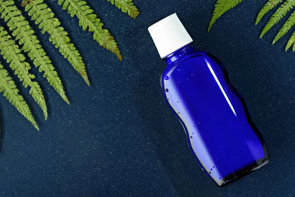 Bovenaanzicht blauwe glazen fles met wit deksel op blauwe achtergrond met varenbladeren — Stockfoto
