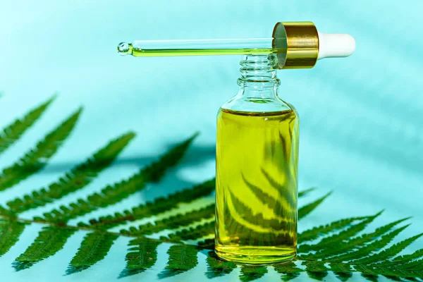 Dropper glass bottle with pipette and yellow cosmetic oil on blue background and fern leaf — 스톡 사진