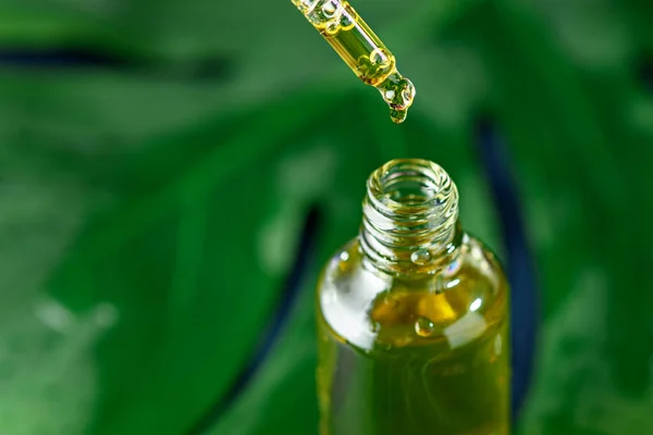 Close-up of a pipette with dripping oil and glass bottle on green background — 스톡 사진