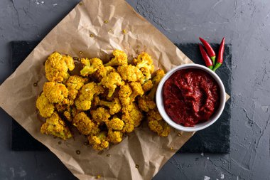 domates soslu sağlıklı vejetaryen karnabahar ve gri arka planda siyah taş üzerinde kırmızı biber.