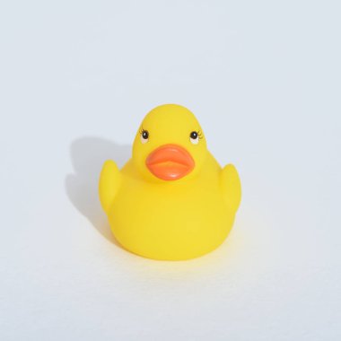 close-up of toy yellow duckling on white background with shadow