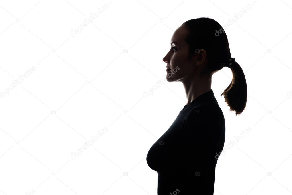 trendy black and white silhouette portrait of woman in profile
