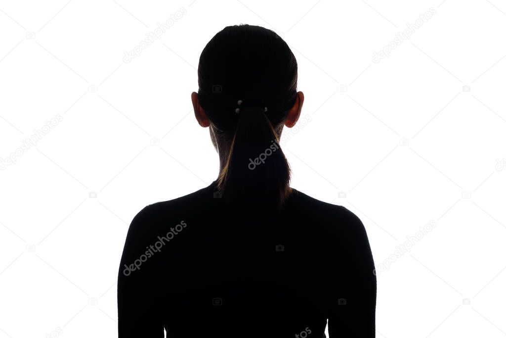 trendy black and white silhouette portrait of woman from the back