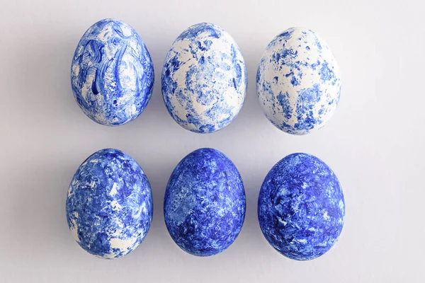 Top View Trendy Six Easter Eggs Classic Blue Gradient Effect — 스톡 사진