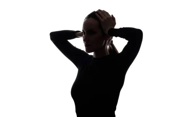 Silueta Blanco Negro Retrato Mujer Con Las Manos Cabeza Media —  Fotos de Stock