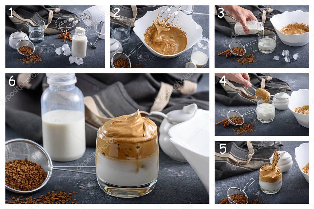 Collage of step by step preparation of Korean dalgona coffee
