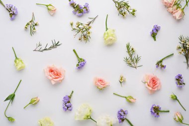 çiçek kompozisyonu, pembe güller, östoma, beyaz arkaplanda limonyum, düz zemin, fotokopi alanı, üst görünüm, ilkbahar konsepti
