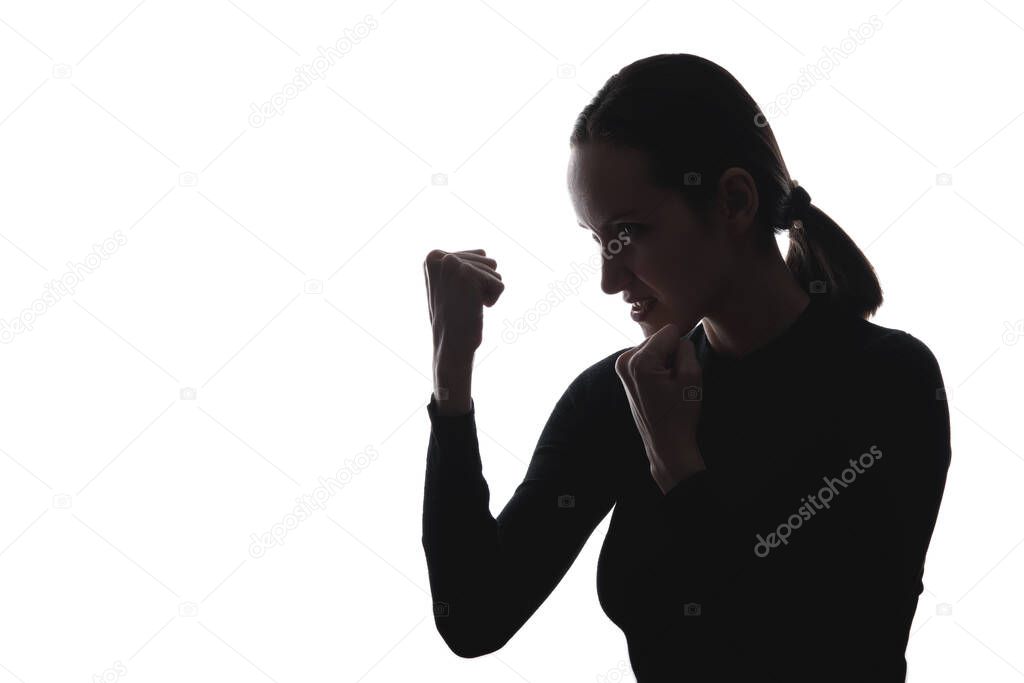 black and white portrait silhouette of woman in protective pose, boxer, domestic violence concept, selfdefence