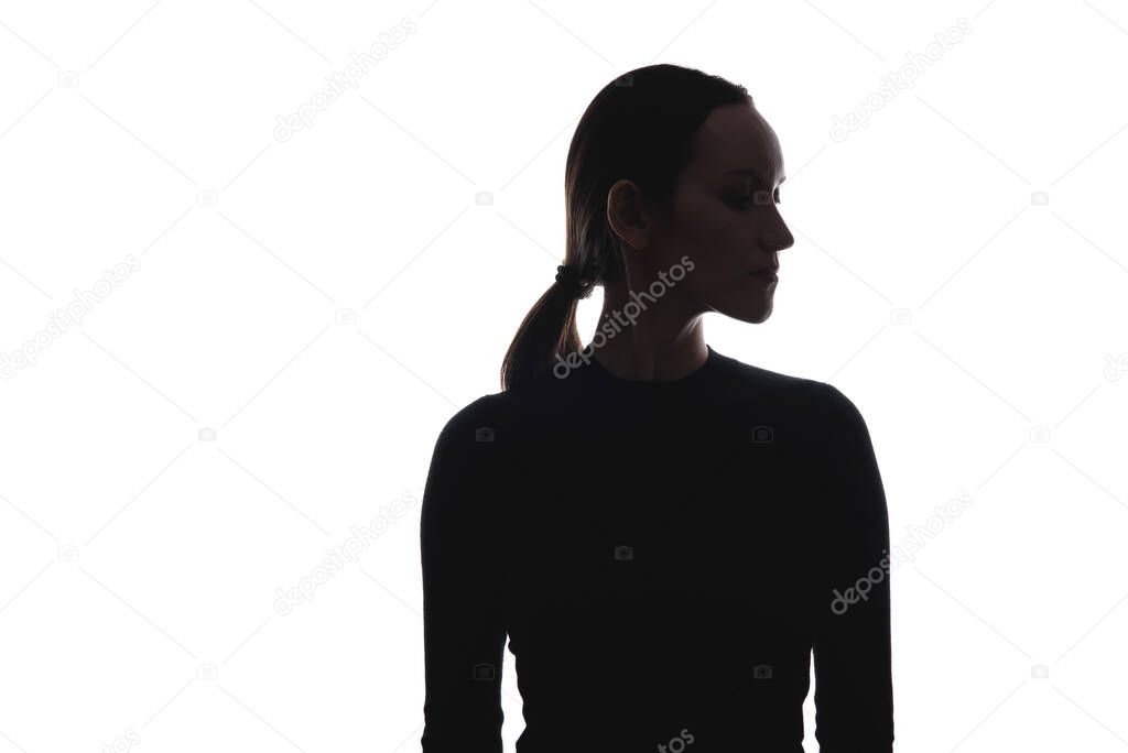 black and white silhouette portrait of woman head turned sideways, minimalism, concept
