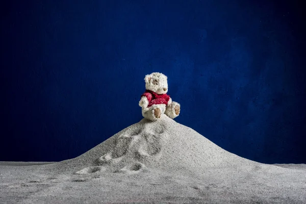 Mavi arka planda bir oyuncak ayı