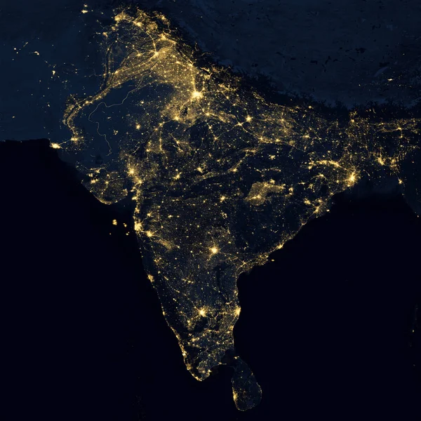 Luces de la ciudad en el mapa mundial. India . — Foto de Stock