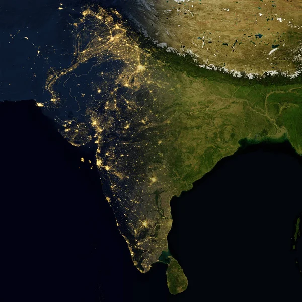 Luces de la ciudad en el mapa mundial. India . — Foto de Stock