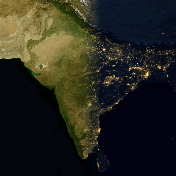 Luces de la ciudad en el mapa mundial. India . — Foto de Stock