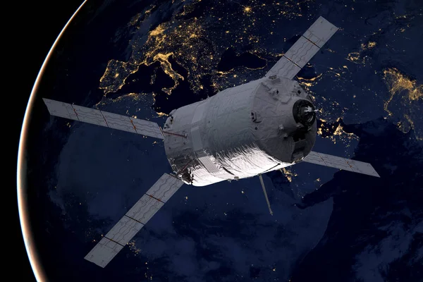 Грузовой космический корабль - Автоматизированный транспортный корабль над планетой Земля . — стоковое фото