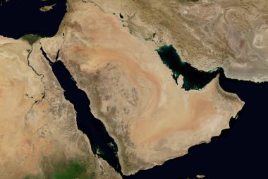 Şehir ışıkları dünya haritası üzerinde. Arabistan Yarımadası.