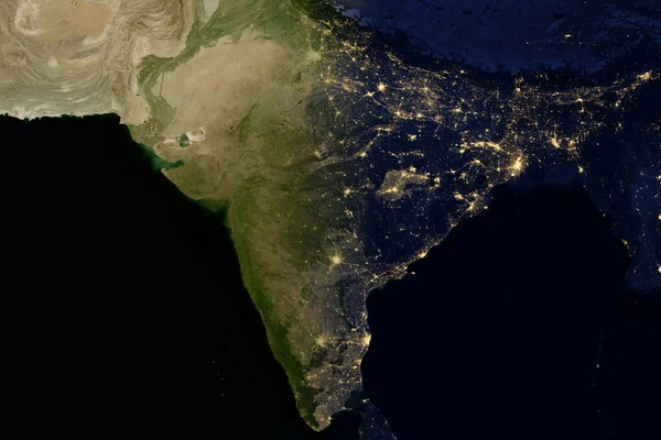 Luces de la ciudad en el mapa mundial. India . — Foto de Stock