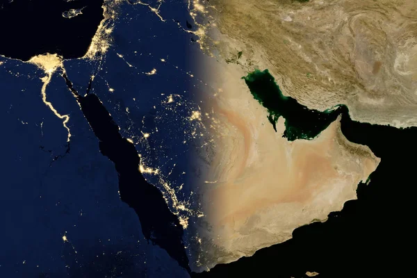 Luces de la ciudad en el mapa mundial. Península Arábiga . — Foto de Stock