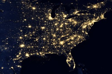 Şehir ışıkları dünya haritası üzerinde. Kuzey Amerika.