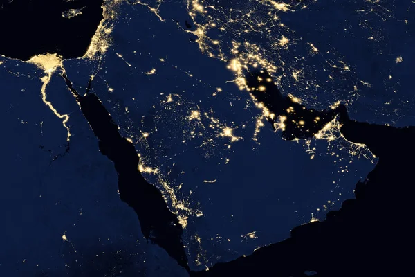 Luces de la ciudad en el mapa mundial. Península Arábiga . — Foto de Stock