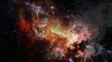 Evren sahnesi uzayda bulutsular, yıldızlar ve galaksiler.