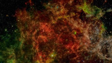 Evren sahnesi uzayda bulutsular, yıldızlar ve galaksiler.