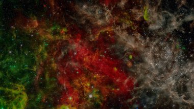 Evren sahnesi uzayda bulutsular, yıldızlar ve galaksiler.